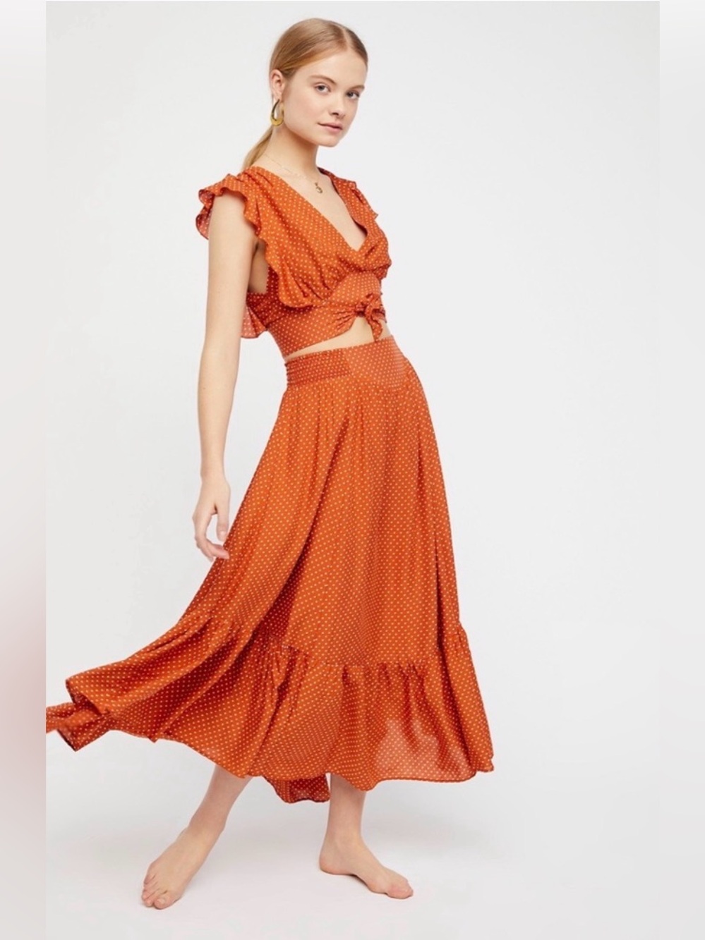 Free People Pretty Dayz Set Orange Polka Dot Midi Skirt and Crop Top, 2 Piece, S